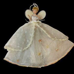 Vintage Handmade Tassel Angel Figurine with Glitter Wings & White Dress